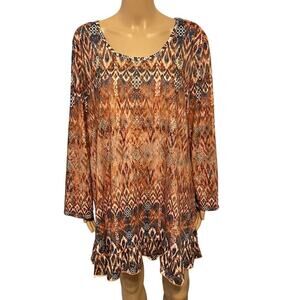 Song N Spirit Top Women Long Sleeve Flowy Tunic Blue Orange Aztec Stretch Sz XXL